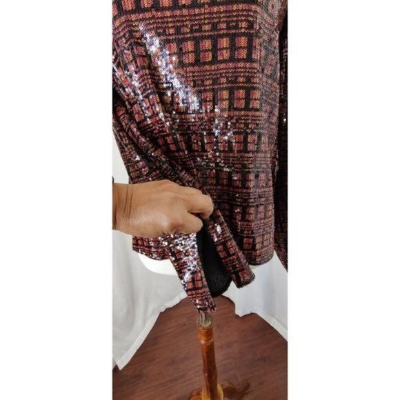 Zara Top M Sequin High Collar Mock Neck Long Sleeve Slit Cuff Party - Picture 8 of 15